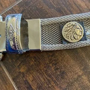 Metal belt. Silver color. Five Native American faces. 36 inches long. Important Huge Heavy Vintage Native American Navajo Sterling  main image 4